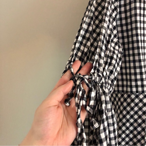 LOFT Petite Black and White Trumpet Sleeve Cold Shoulder Gingham Blouse - Picture 4 of 8